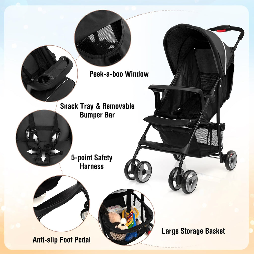 Lightweight Compact Toddler Travel Stroller with Canopy, 5-Point Harness, Storage Basket, One-Hand Fold, Black D265519
