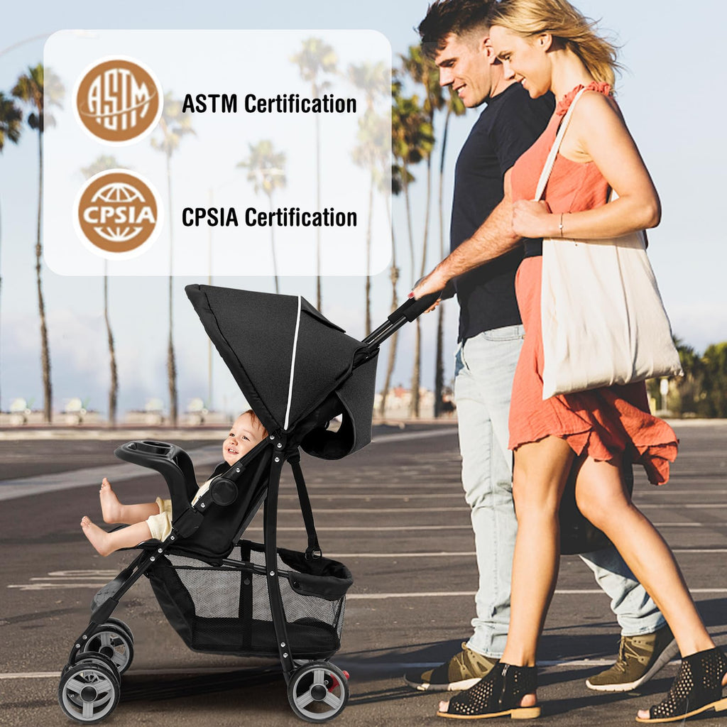 Lightweight Compact Toddler Travel Stroller with Canopy, 5-Point Harness, Storage Basket, One-Hand Fold, Black D265519