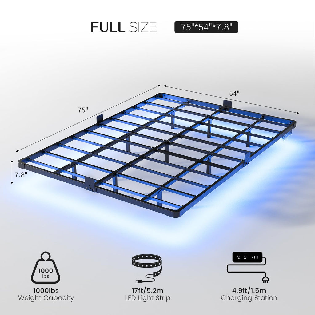 Full Size Metal Floating Bed Frame with LED Light & Charging Station F3717