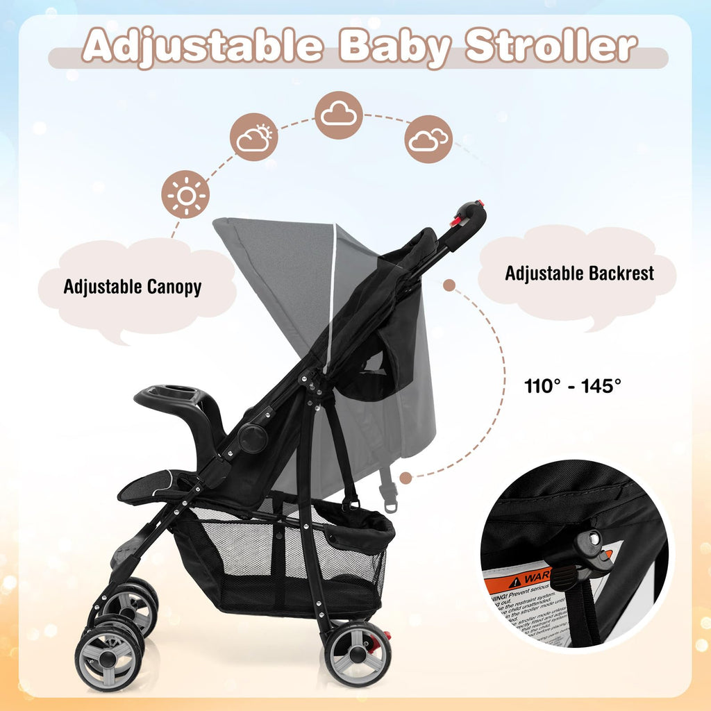 Lightweight Compact Toddler Travel Stroller with Canopy, 5-Point Harness, Storage Basket, One-Hand Fold, Black D265519