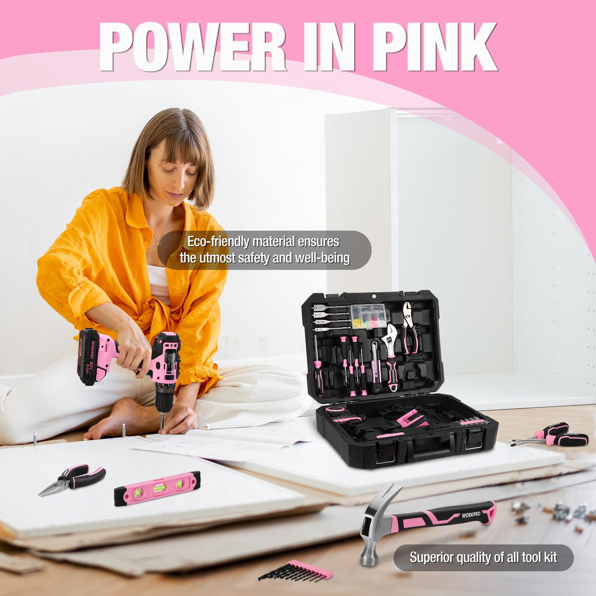 Pink Cordless Drill and 141-Piece Home Tool Kit T32314