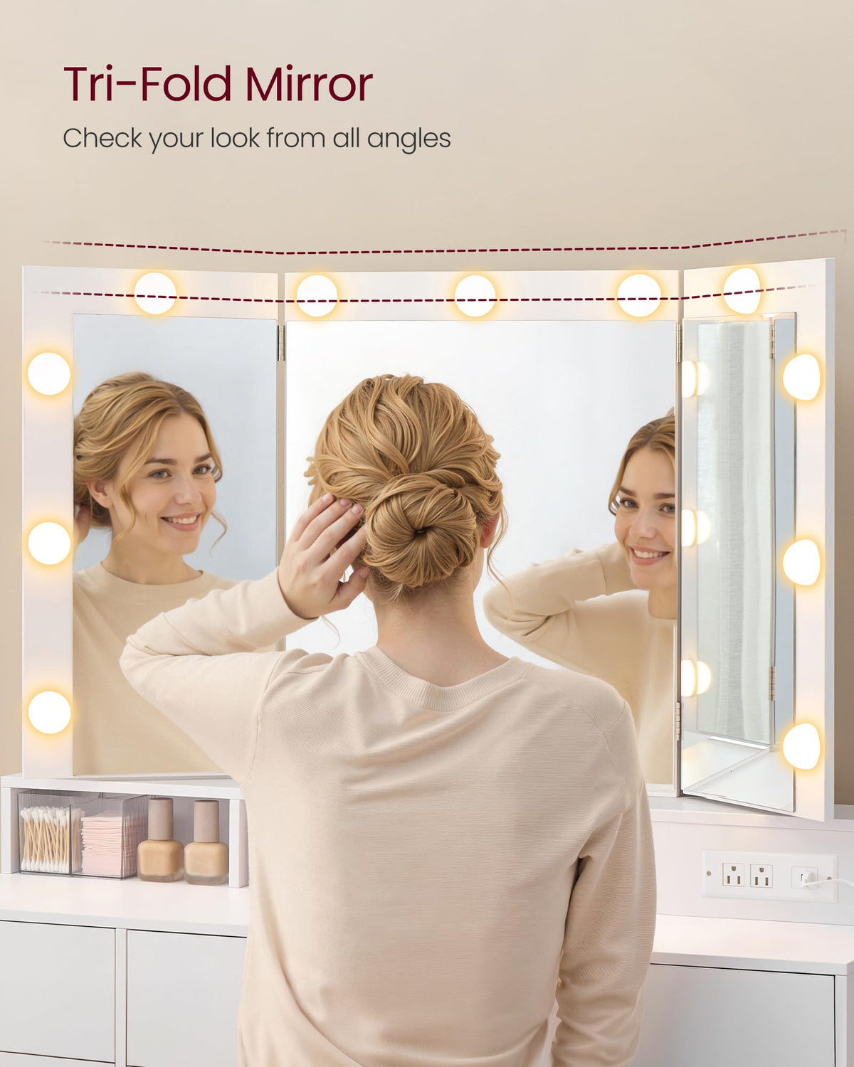 Vanity Desk with LED Lights and Tri-Fold Mirror, 9 Drawers Q818