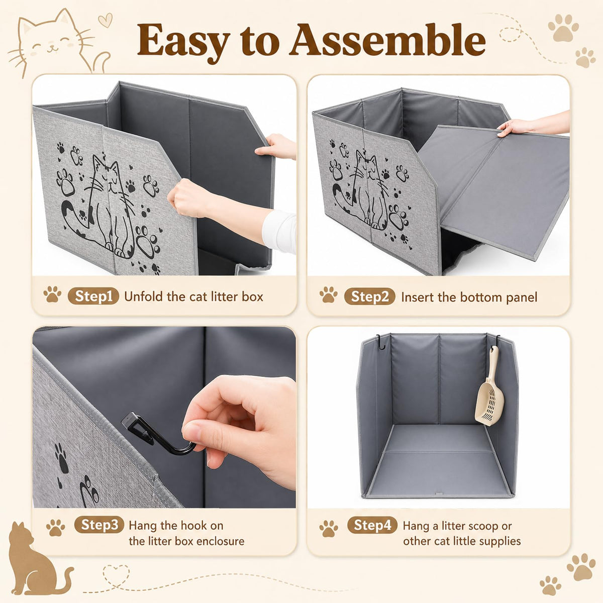 Waterproof Cat Litter Box Enclosure with Removable Mat and 2 Hooks N5423