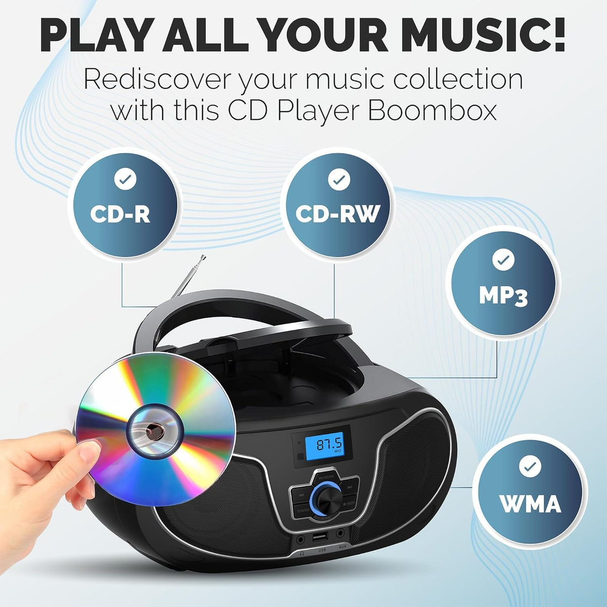 Portable CD Player Boombox with Bluetooth, FM Radio, USB Playback & AUX Input U7178