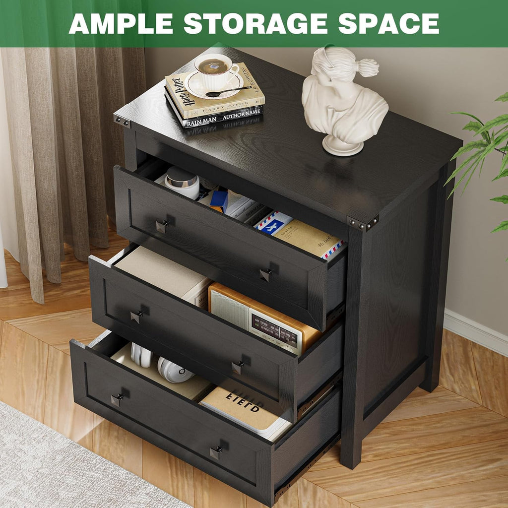 27.6" Wide Black 3 Drawer Wood Nightstand E8321