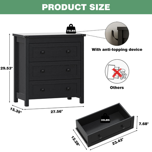 27.6" Wide Black 3 Drawer Wood Nightstand E8321