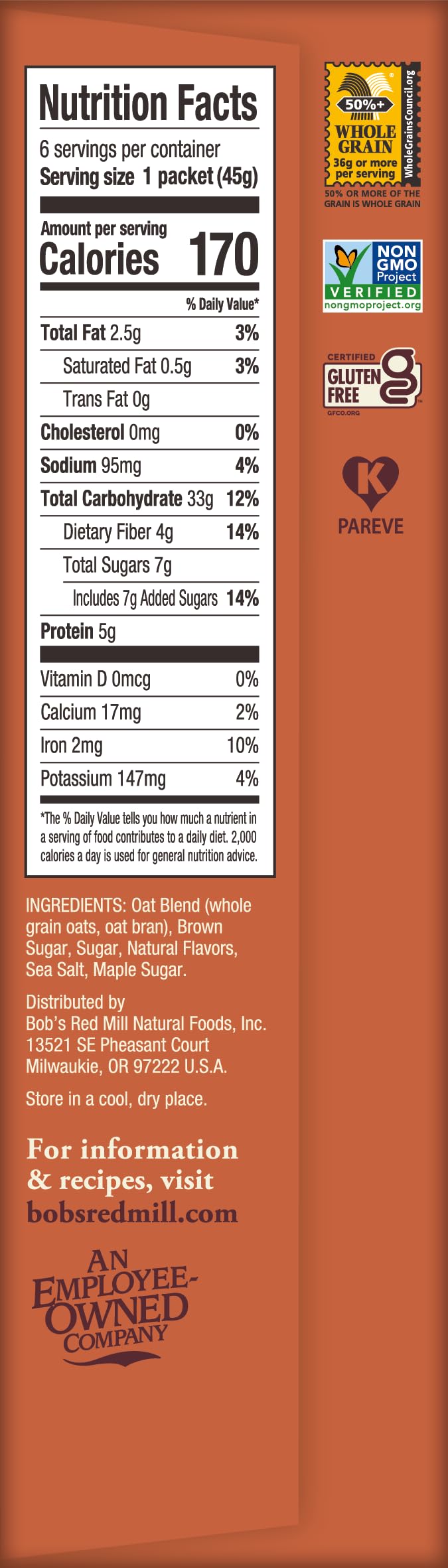 Instant Oatmeal, Maple Brown Sugar, 24 Packets, Gluten Free, Whole Grain M73076