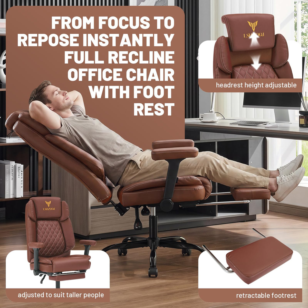 Big Tall Office Chair with Footrest Brown W1584