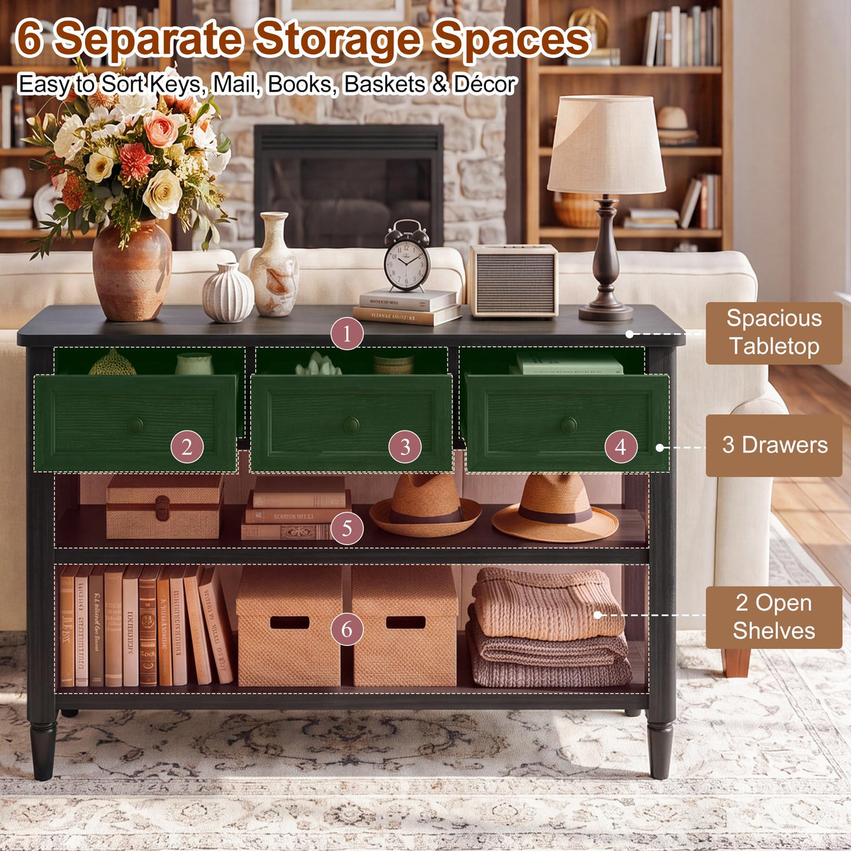 43" Narrow Farmhouse Console Table with 3 Drawers and 2 Shelves H2516