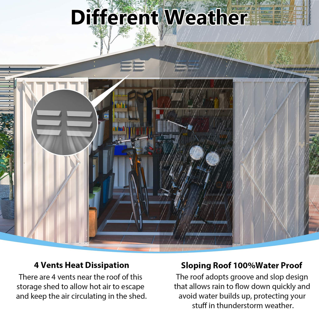 10x14 FT Waterproof Metal Storage Shed with 3 Lockable Doors F44035