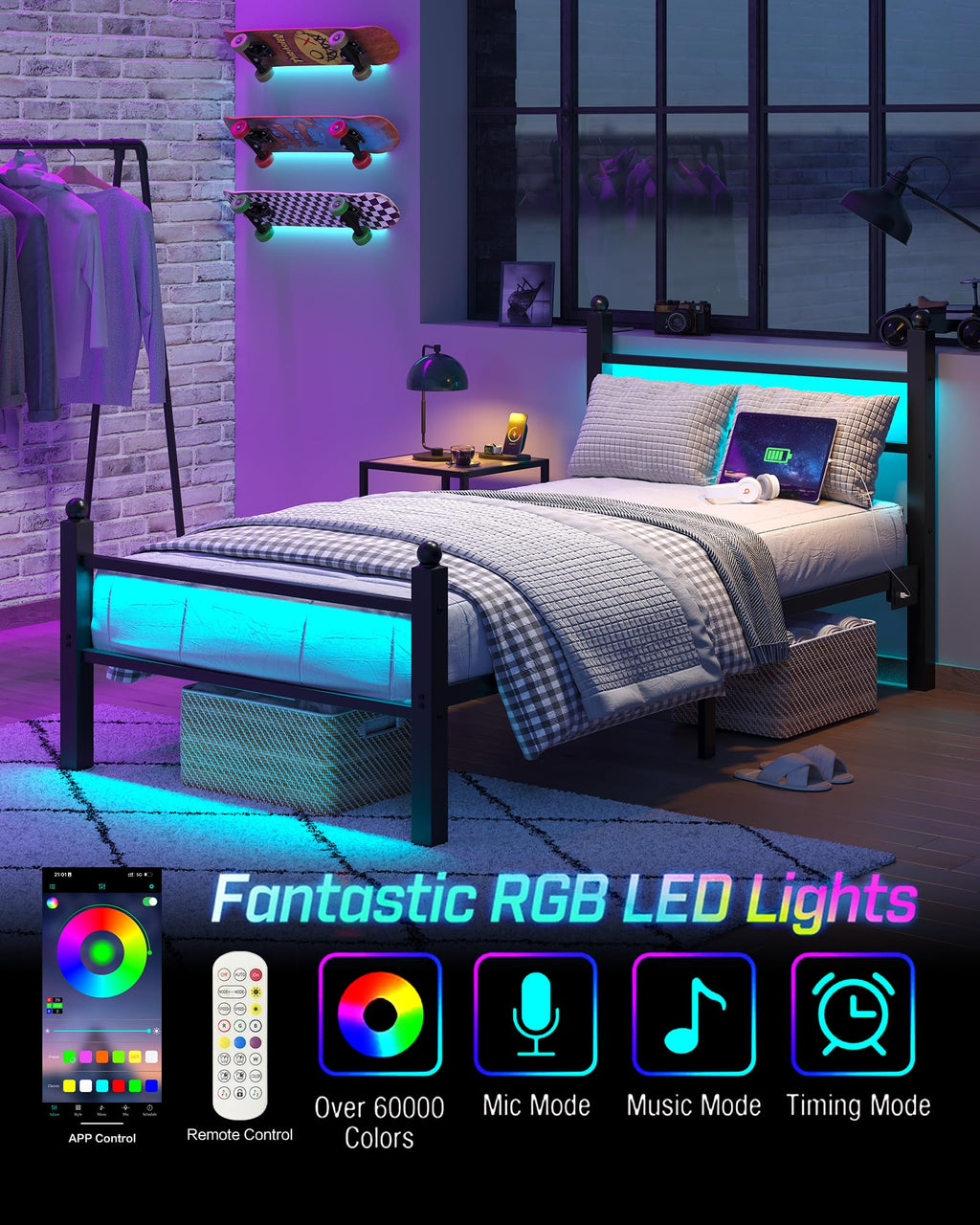 Black Twin Bed Frame with LED Lights and Charging Station Y6000