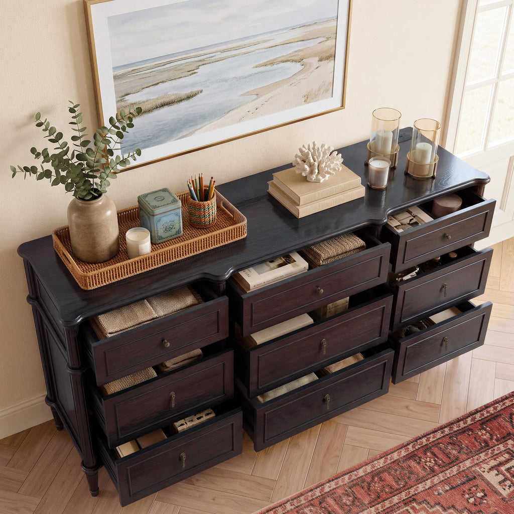 63" 9-Drawer Wood Dresser with Power Outlet, Black A246