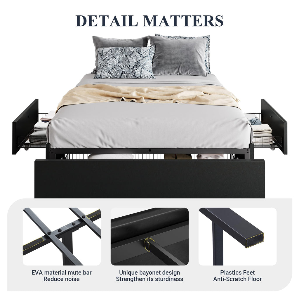 Queen Size Platform Storage Bed Frame with 3 Drawers, Black Y991