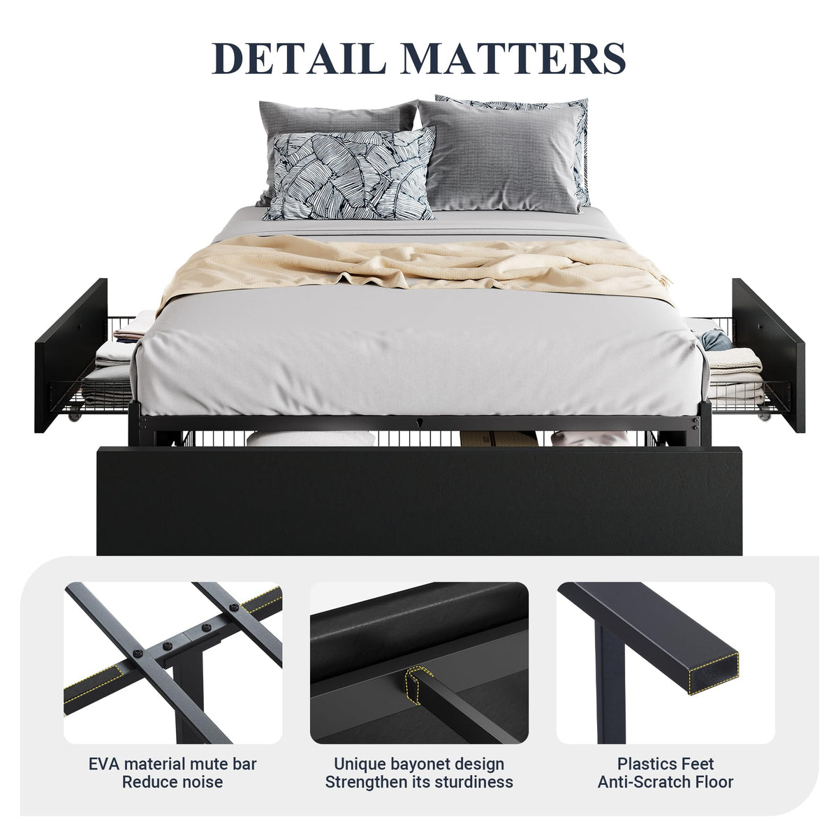 Queen Size Platform Storage Bed Frame with 3 Drawers, Black Y991