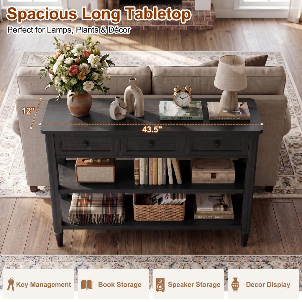 43" Narrow Farmhouse Console Table with 3 Drawers and 2 Shelves H2516