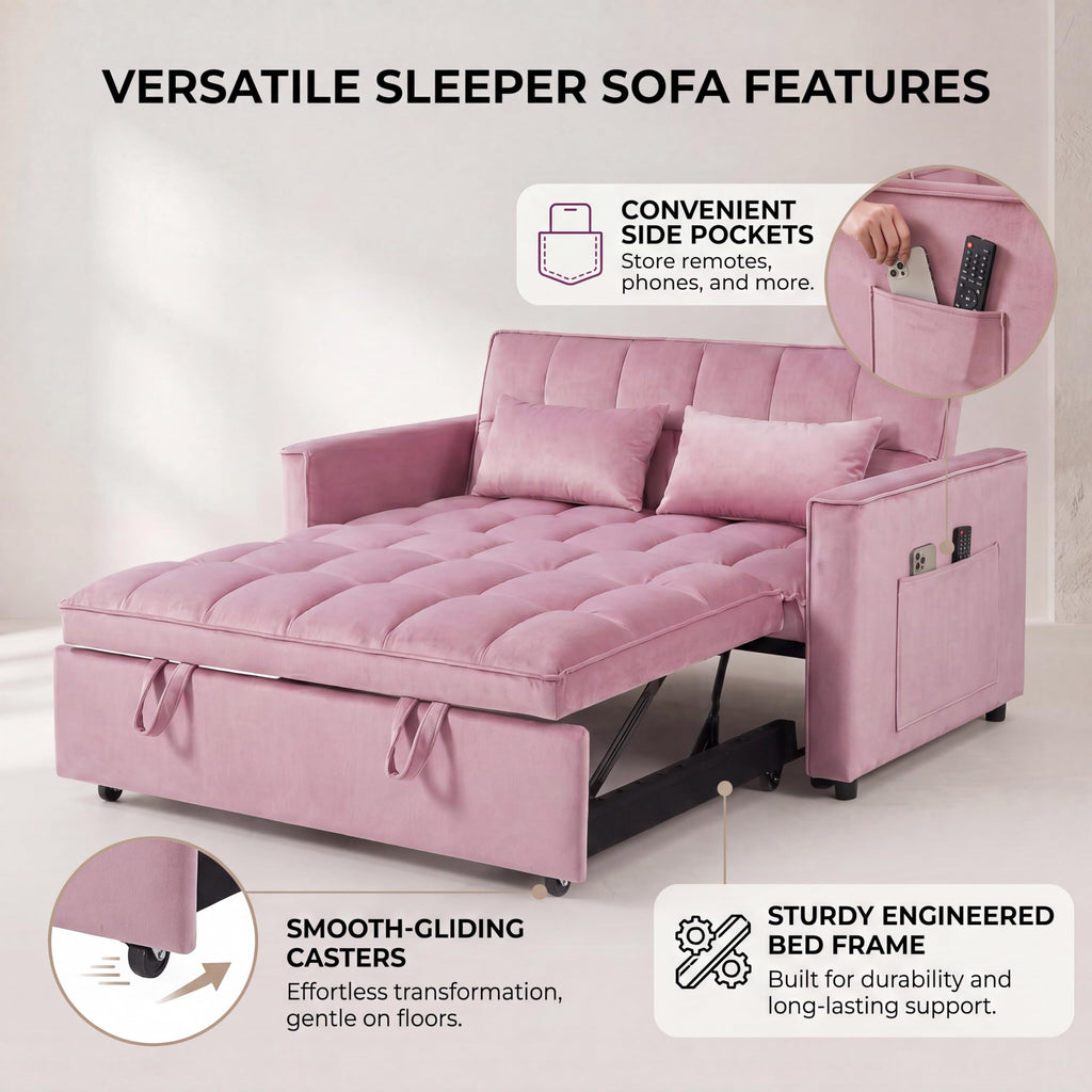 Pink Velvet Convertible Sleeper Sofa Bed V322878