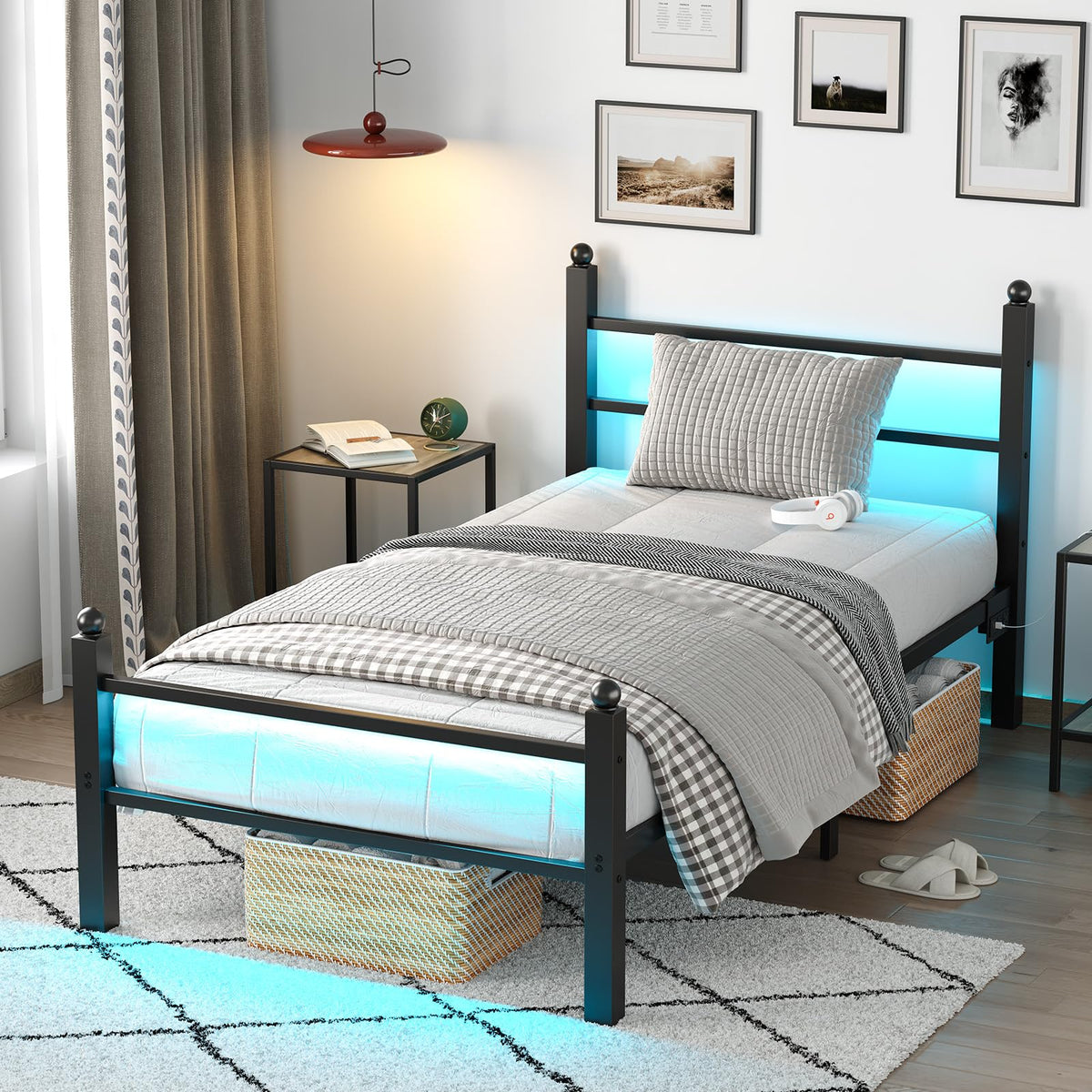 Black Twin Bed Frame with LED Lights and Charging Station Y6000