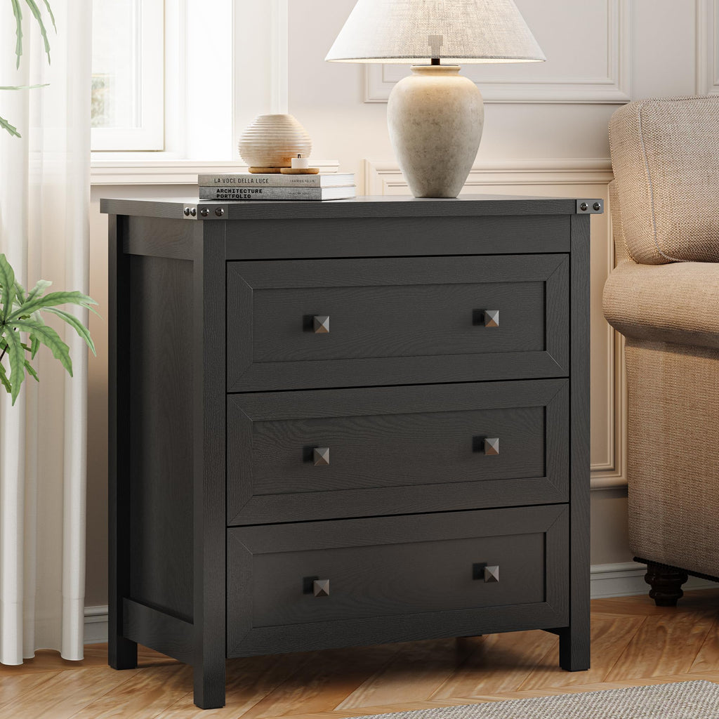27.6" Wide Black 3 Drawer Wood Nightstand E8321