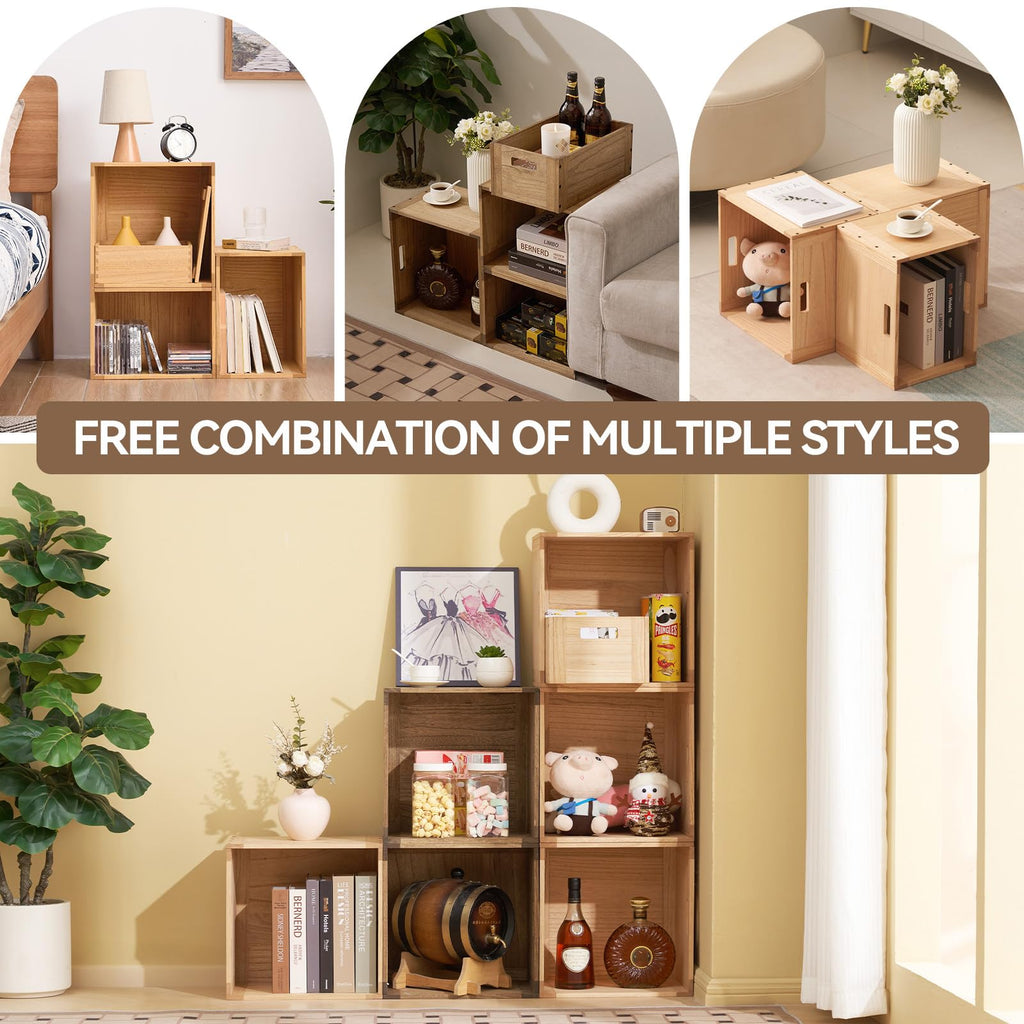 Brown Stackable Wood Storage Cube with Handles Q371