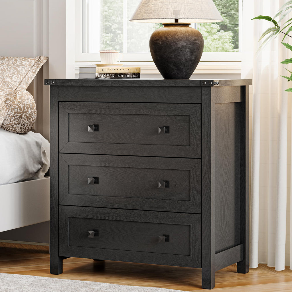 27.6" Wide Black 3 Drawer Wood Nightstand E8321