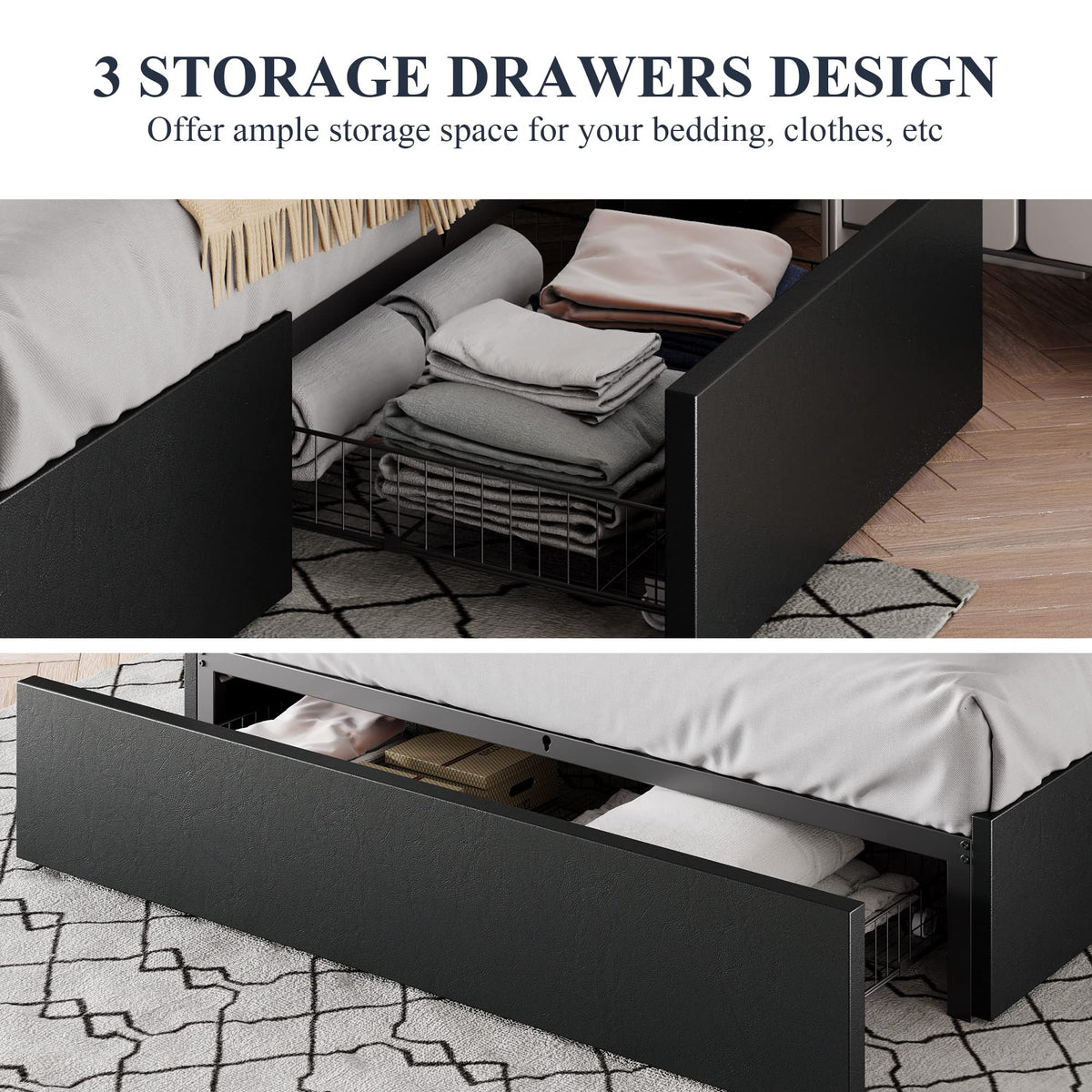 Queen Size Platform Storage Bed Frame with 3 Drawers, Black Y991