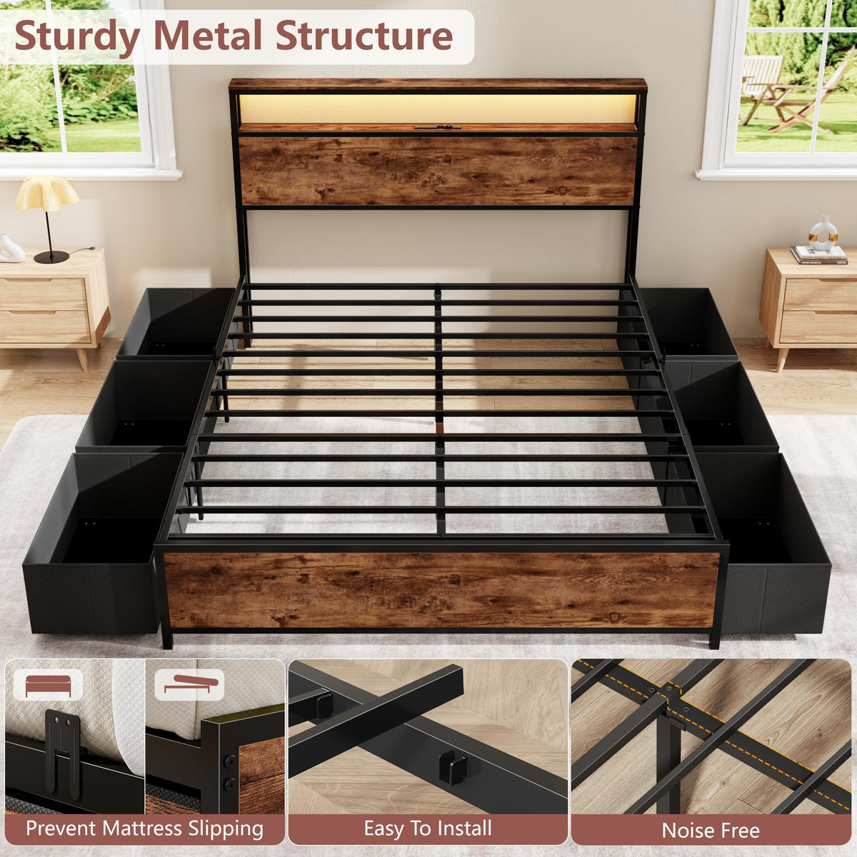 Queen Bed Frame with Storage Headboard & 6 Drawers T763809