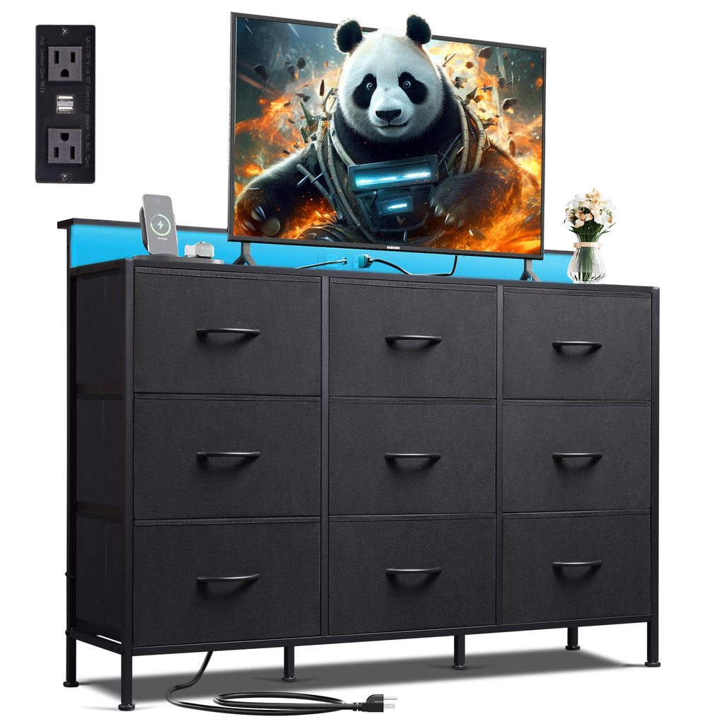 Black 9 Drawer Fabric Dresser H228