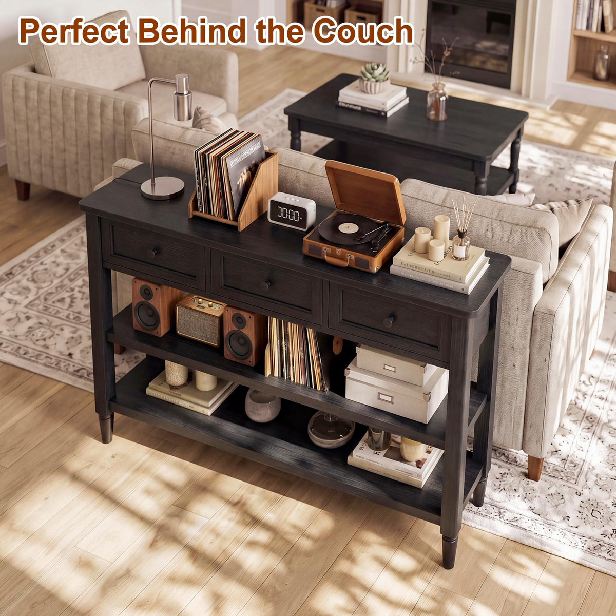 43" Narrow Farmhouse Console Table with 3 Drawers and 2 Shelves H2516