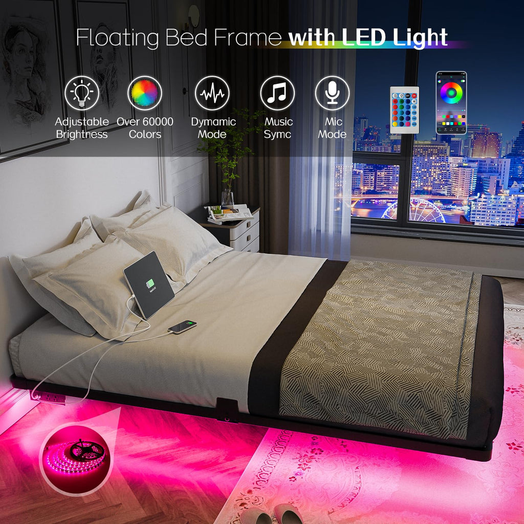 Full Size Metal Floating Bed Frame with LED Light & Charging Station F3717