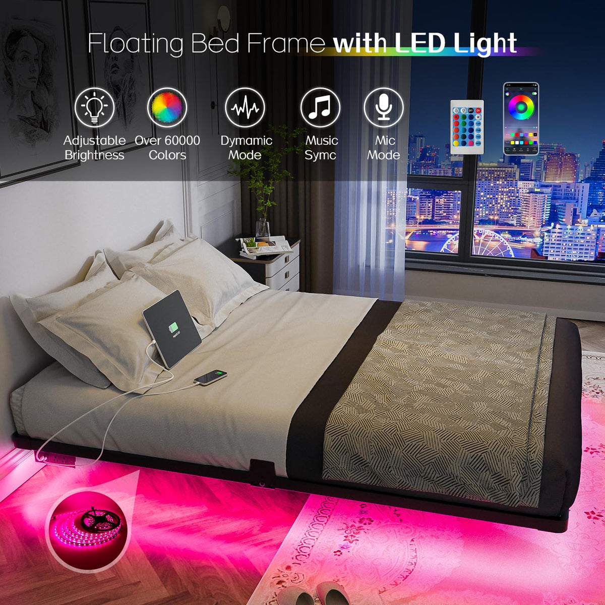 Full Size Metal Floating Bed Frame with LED Light & Charging Station F3717