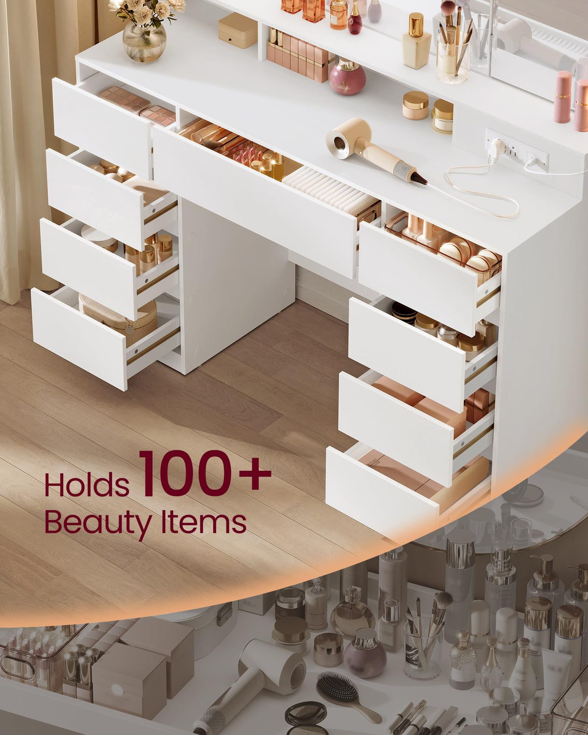 Vanity Desk with LED Lights and Tri-Fold Mirror, 9 Drawers Q818