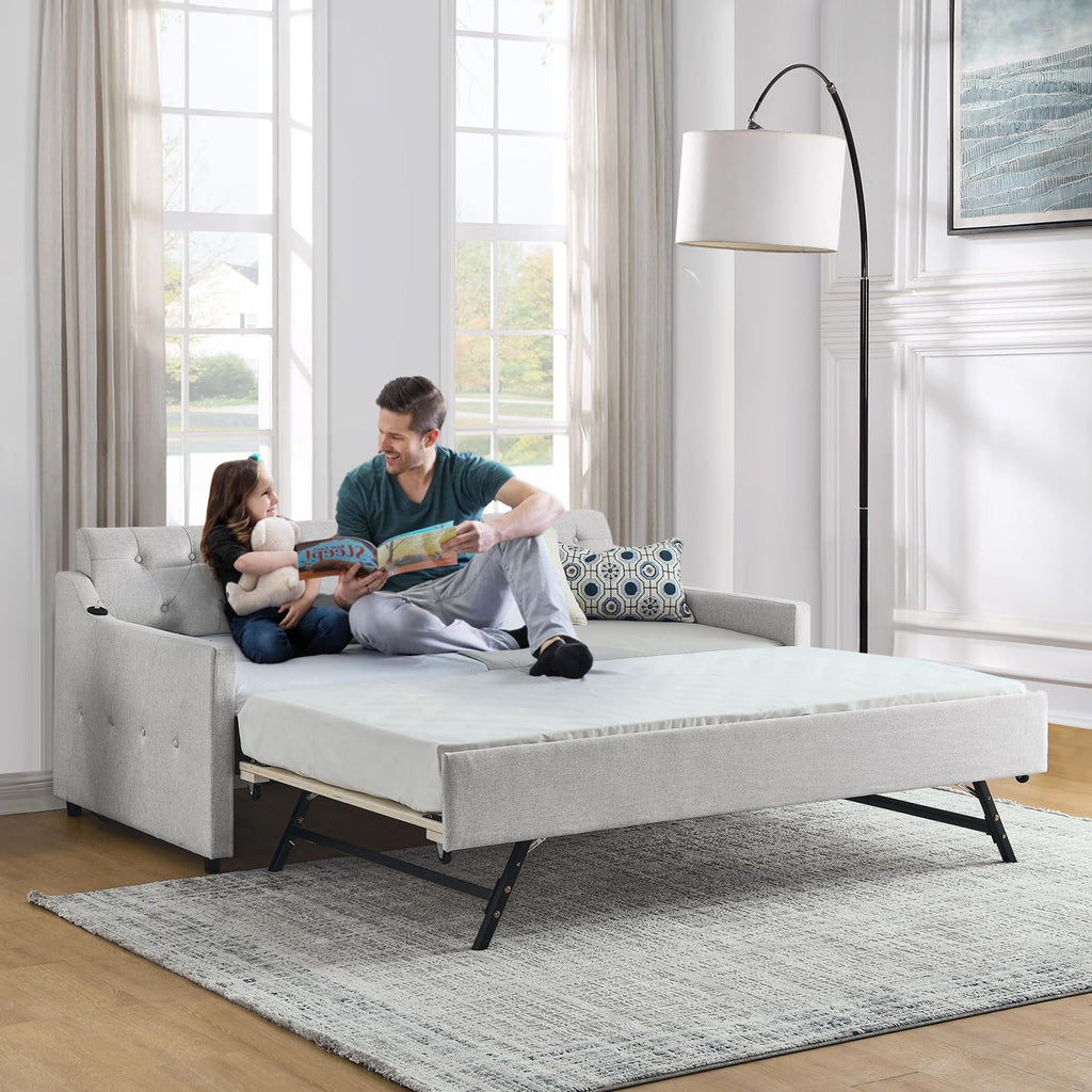 Twin Linen Upholstered Wood Daybed with Pop Up Trundle H20859