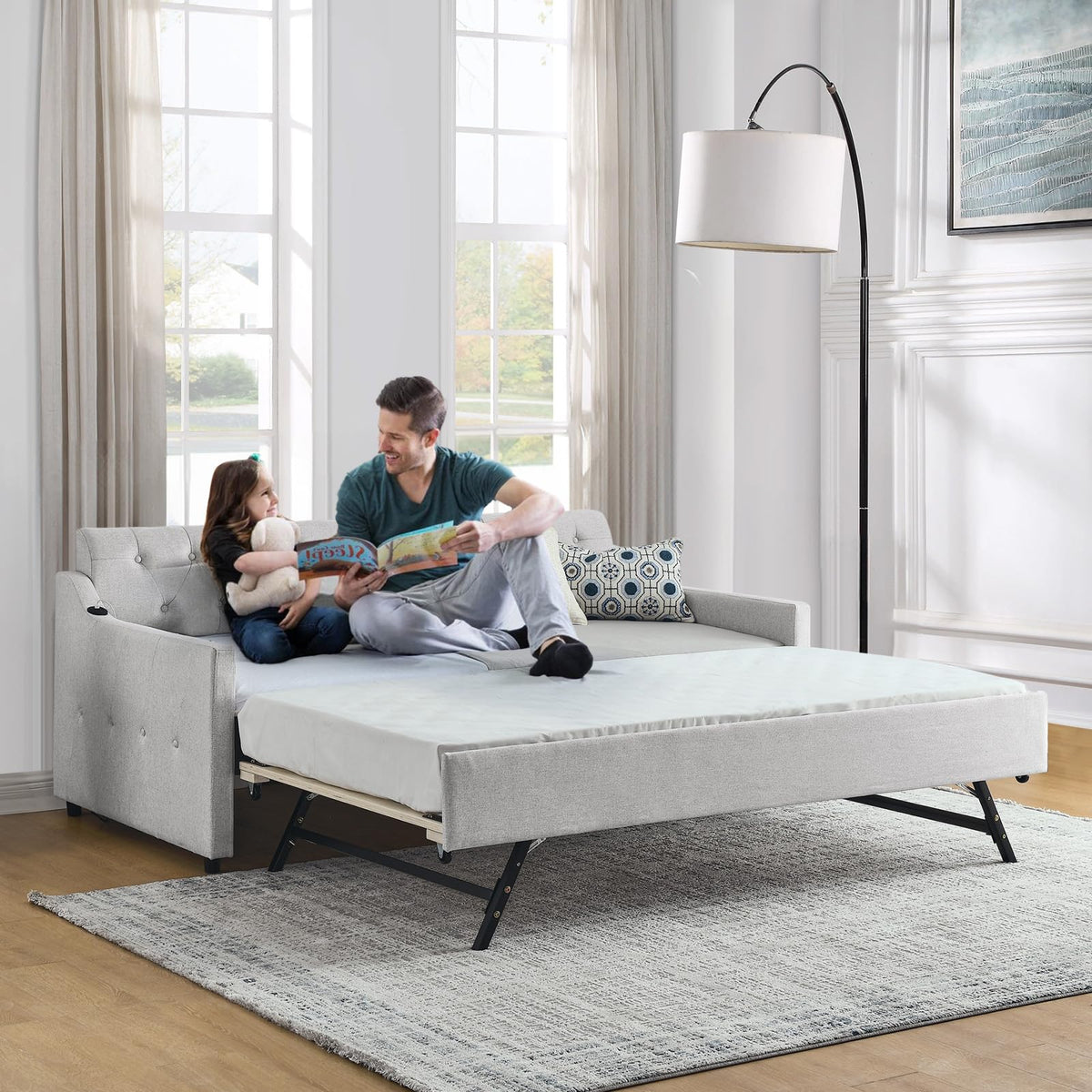 Twin Linen Upholstered Wood Daybed with Pop Up Trundle H20859