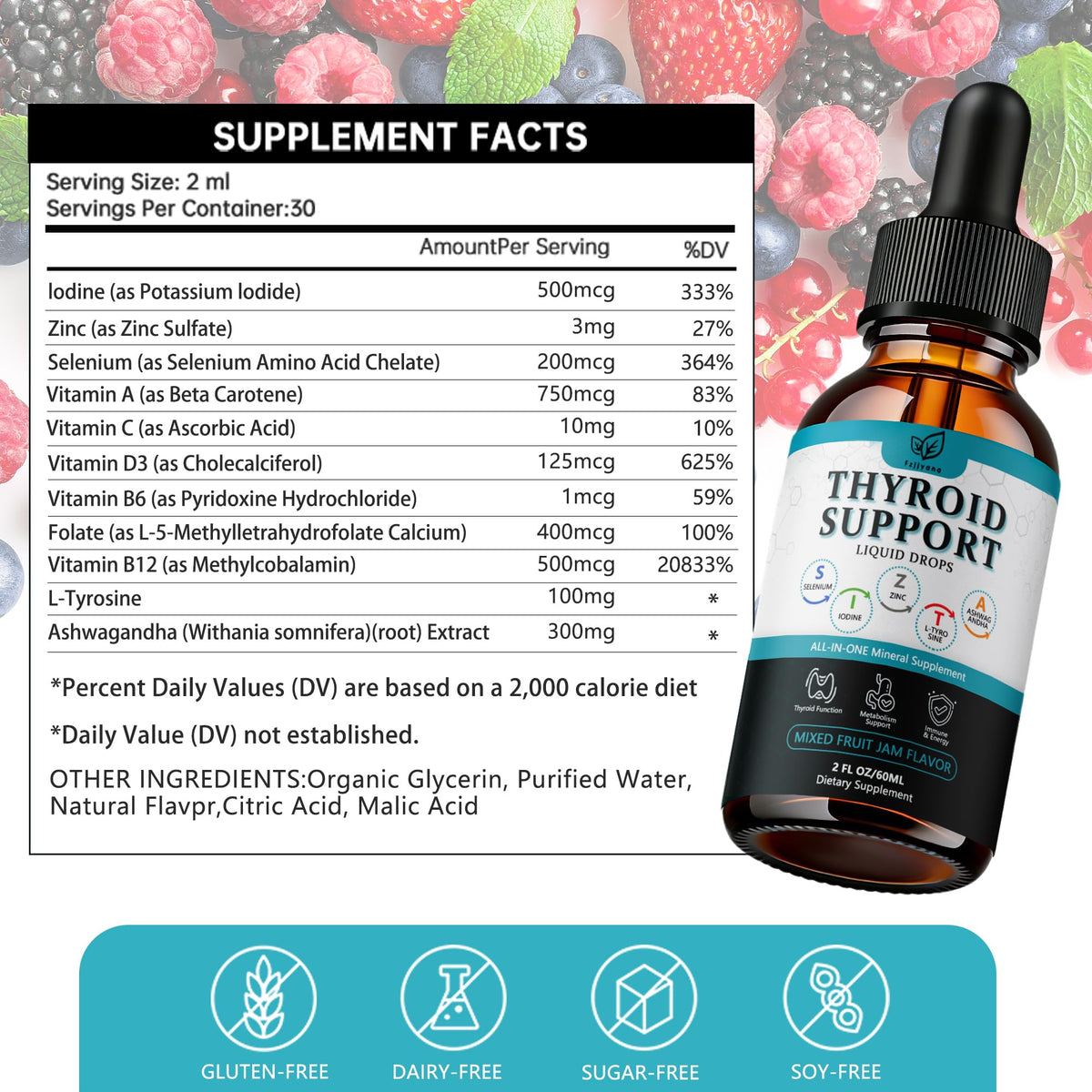 Liquid Thyroid Support Drops with Selenium Zinc Iodine L-Tyrosine Ashwagandha R447747