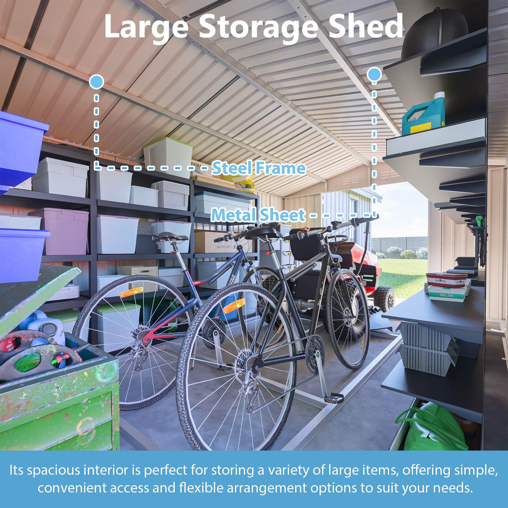 10x14 FT Waterproof Metal Storage Shed with 3 Lockable Doors F44035