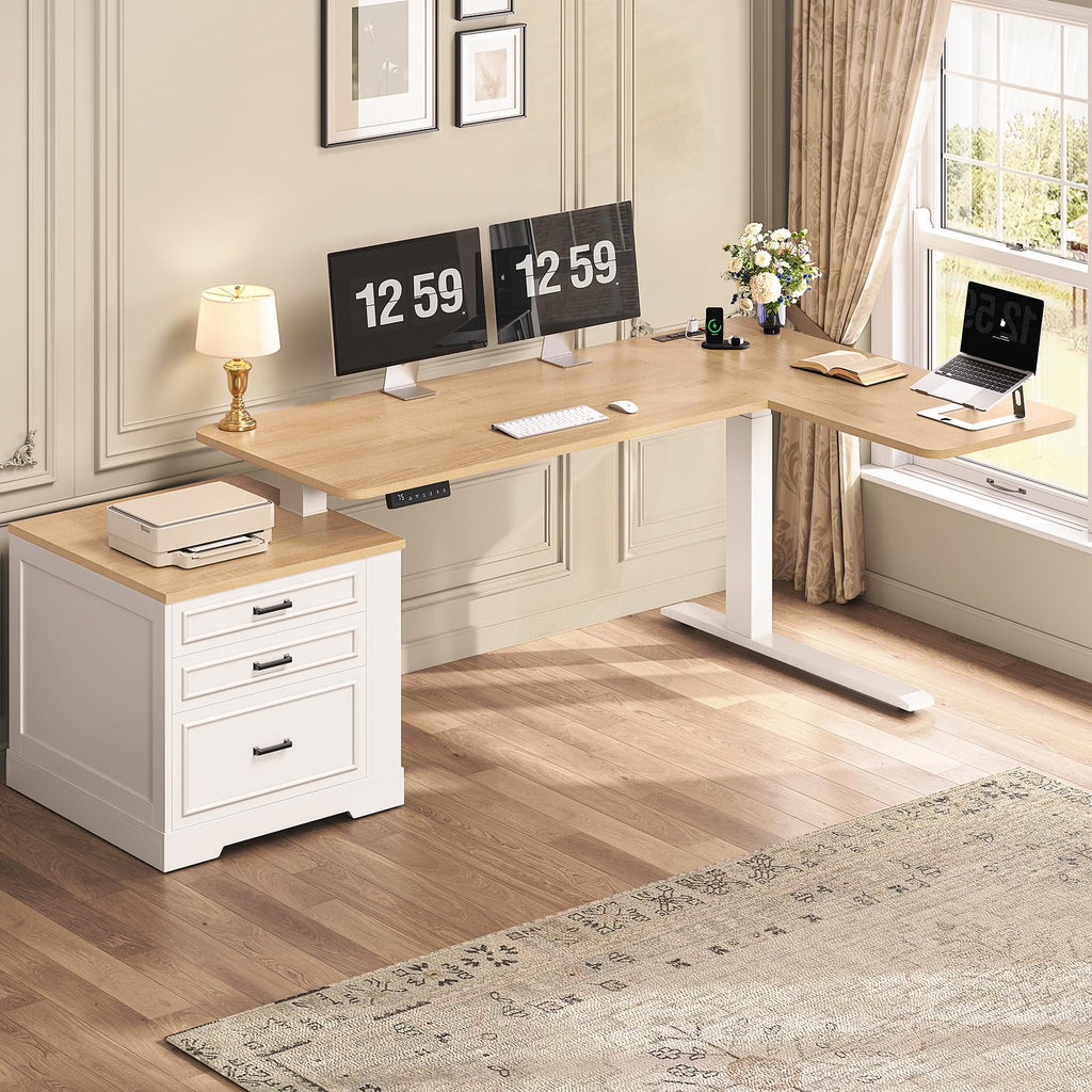 L Shaped Height Adjustable Standing Desk with 3 Drawers R5546
