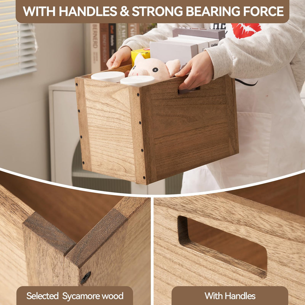 Brown Stackable Wood Storage Cube with Handles Q371