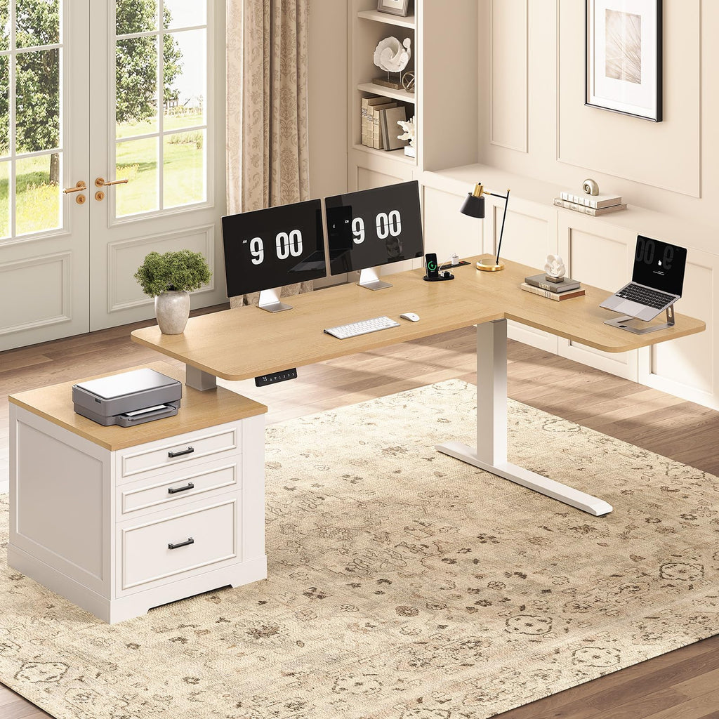 L Shaped Height Adjustable Standing Desk with 3 Drawers R5546