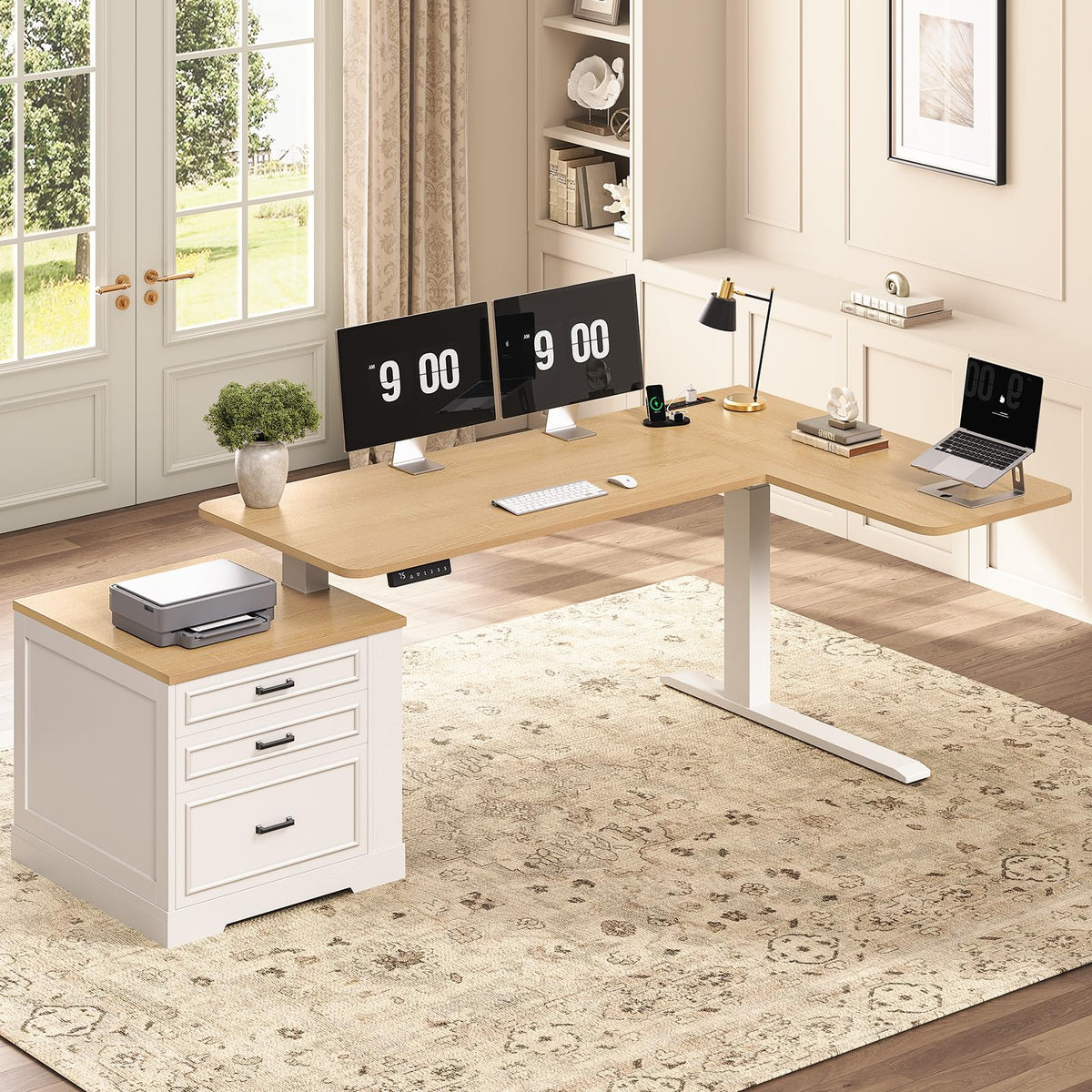 L Shaped Height Adjustable Standing Desk with 3 Drawers R5546