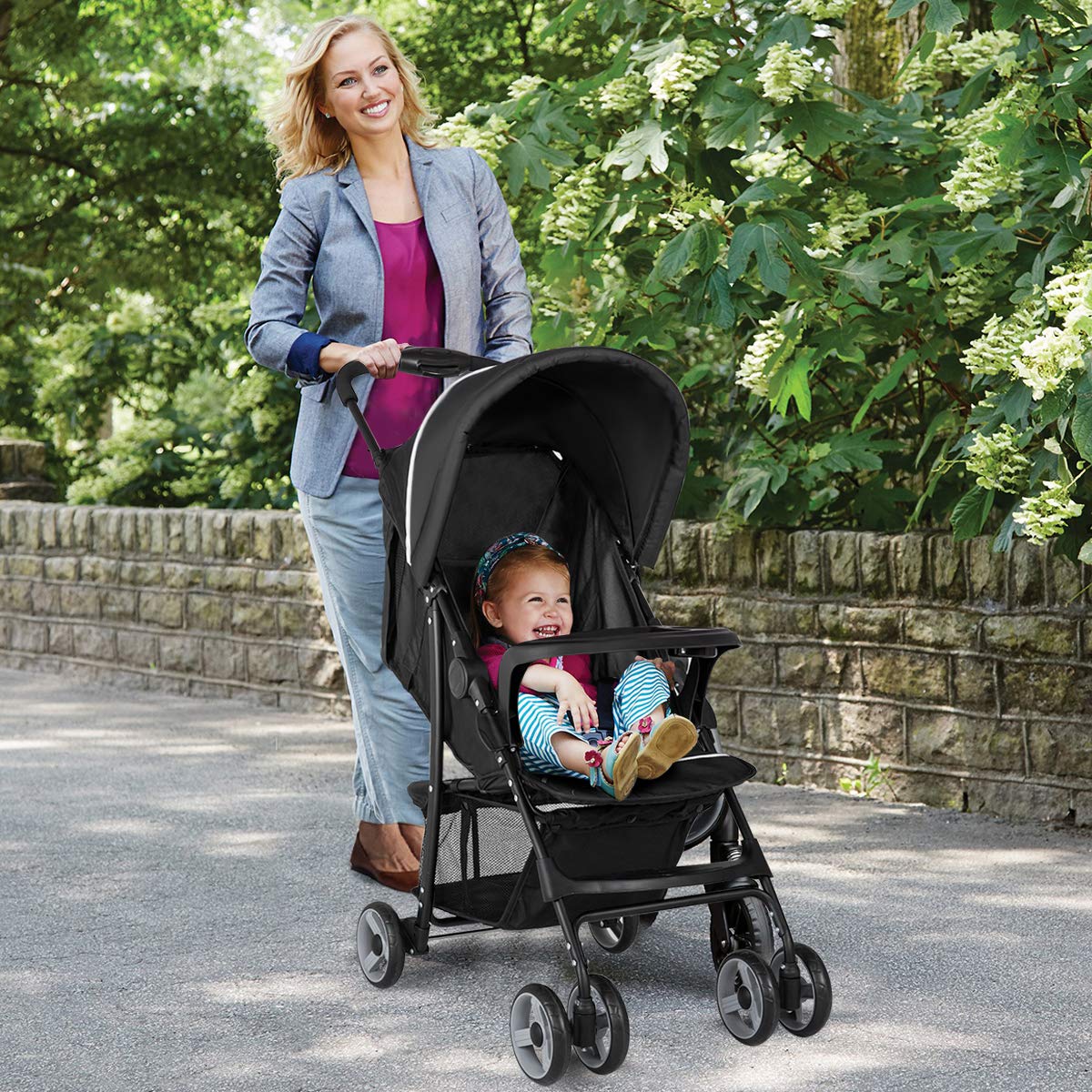 Lightweight Compact Toddler Travel Stroller with Canopy, 5-Point Harness, Storage Basket, One-Hand Fold, Black D265519