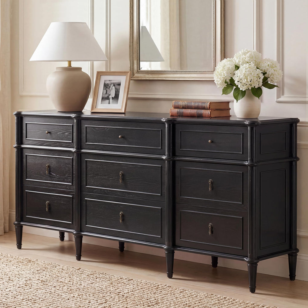 63" 9-Drawer Wood Dresser with Power Outlet, Black A246