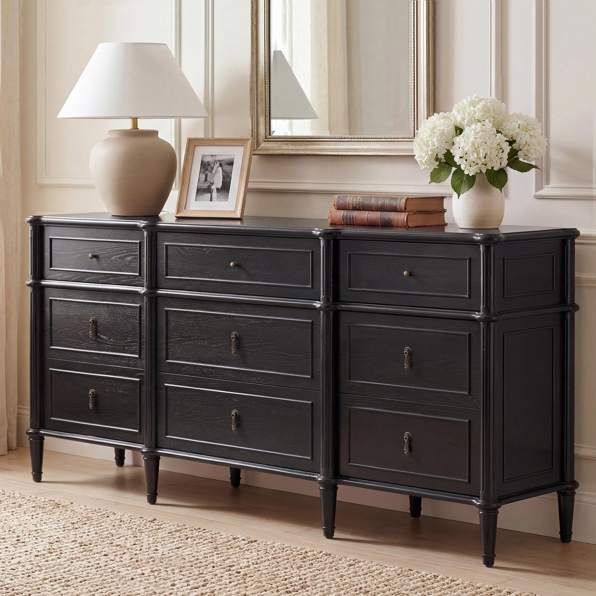 63" 9-Drawer Wood Dresser with Power Outlet, Black A246