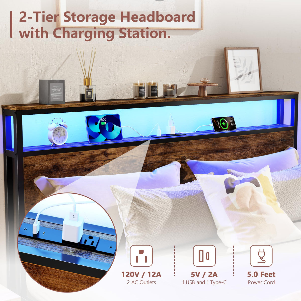 Queen Bed Frame with Storage Headboard & 6 Drawers T763809