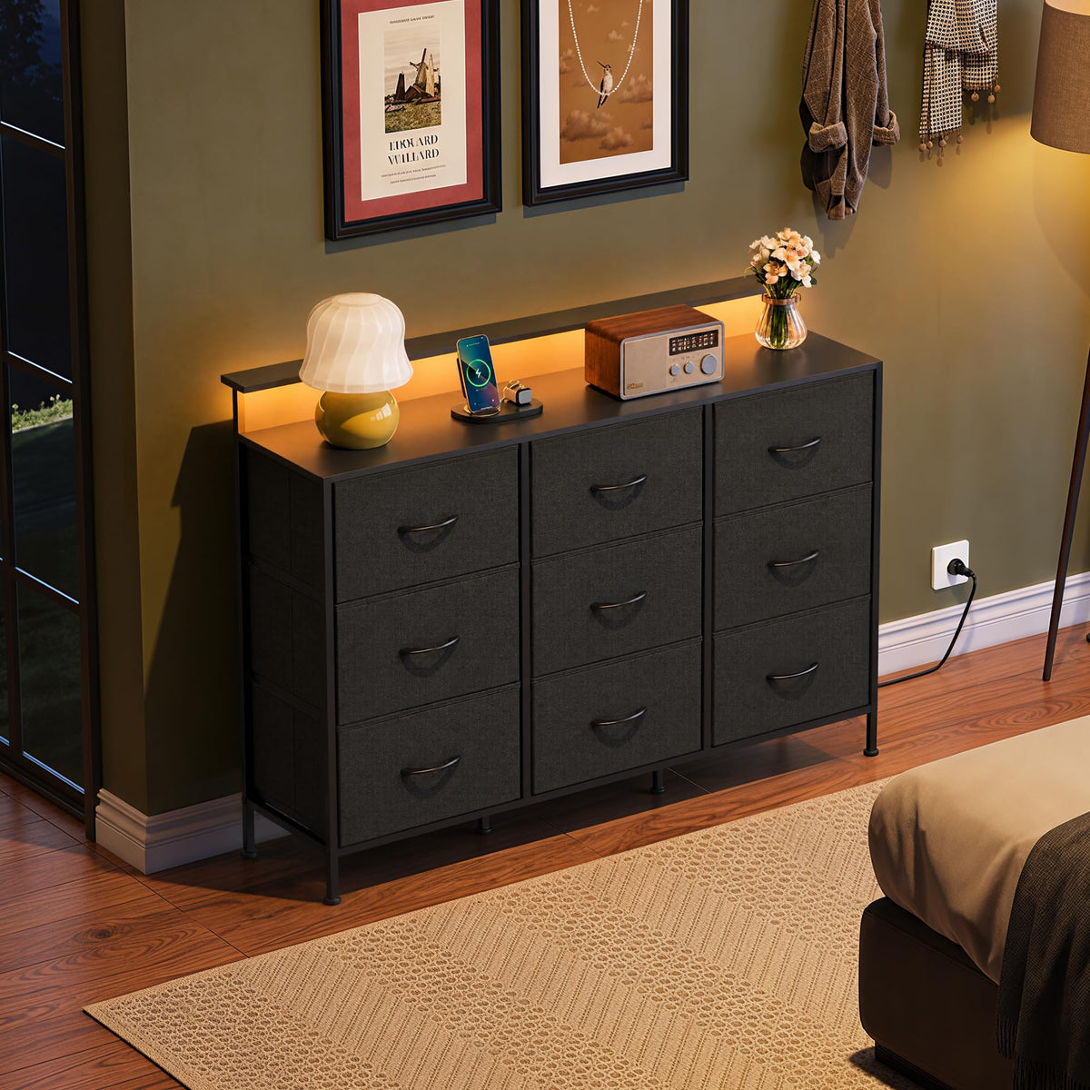 Black 9 Drawer Fabric Dresser H228