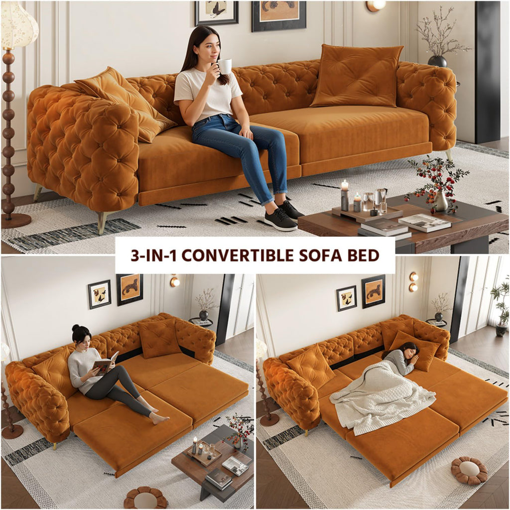 Orange Convertible Pull Out Sofa Bed Velvet Sleeper Sofa E2061