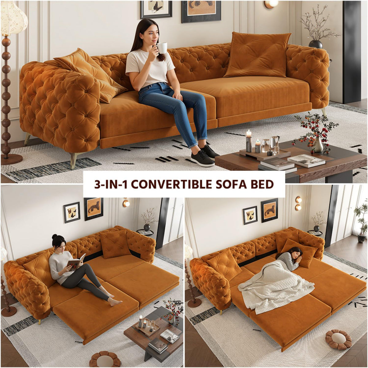 Orange Convertible Pull Out Sofa Bed Velvet Sleeper Sofa E2061