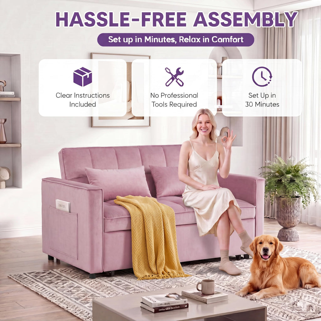 Pink Velvet Convertible Sleeper Sofa Bed V322878