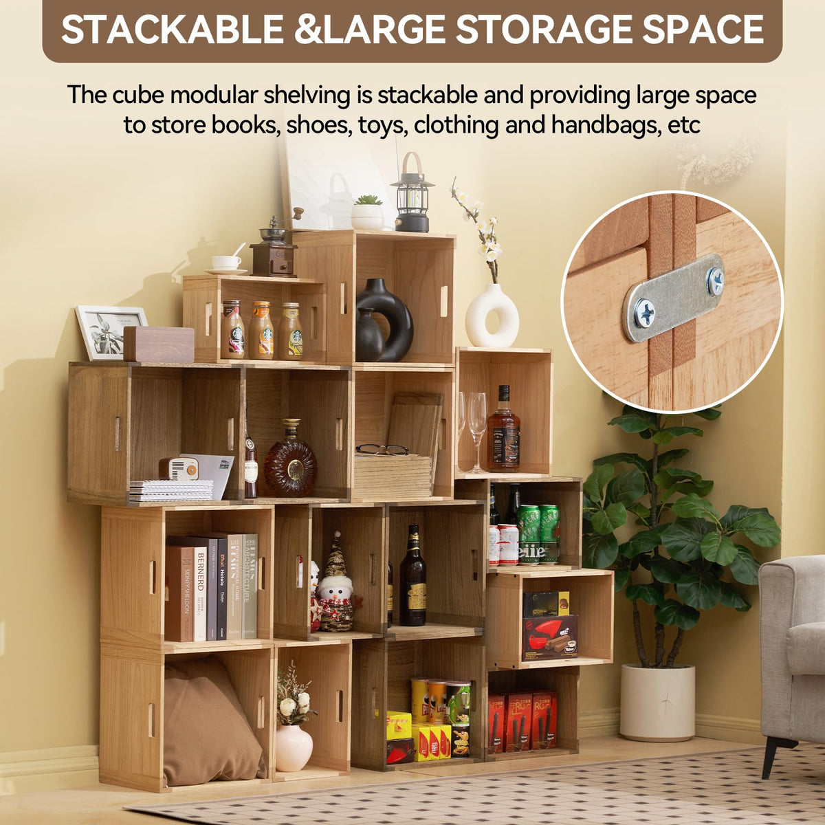 Brown Stackable Wood Storage Cube with Handles Q371