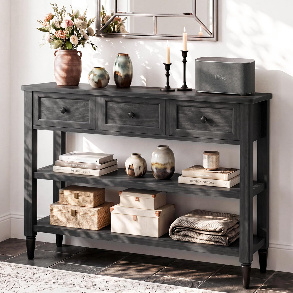 43" Narrow Farmhouse Console Table with 3 Drawers and 2 Shelves H2516
