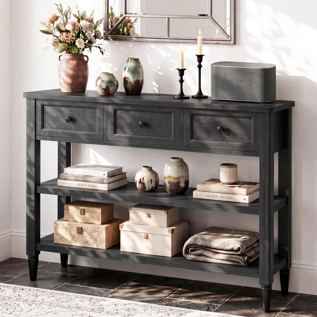 43" Narrow Farmhouse Console Table with 3 Drawers and 2 Shelves H2516